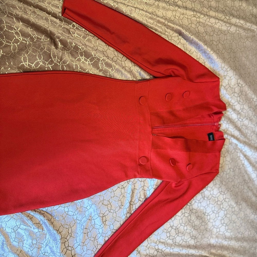 Jessica Red Midi Dress with Long Sleeves and V-neck for Cocktail